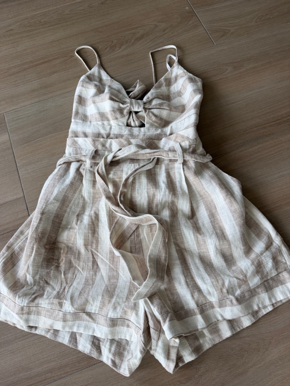 the clothing company Beige & White Striped Tie-Front Romper